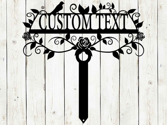 Black 20x20 custom garden sign from Lewis Design Company featuring "Rose Garden" outdoor patio and garden art.