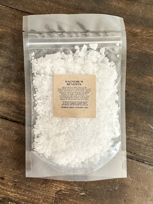 HerbalRoseApothecary magnesium flakes salt package showing label and ingredients for relaxing bath salts and oats.