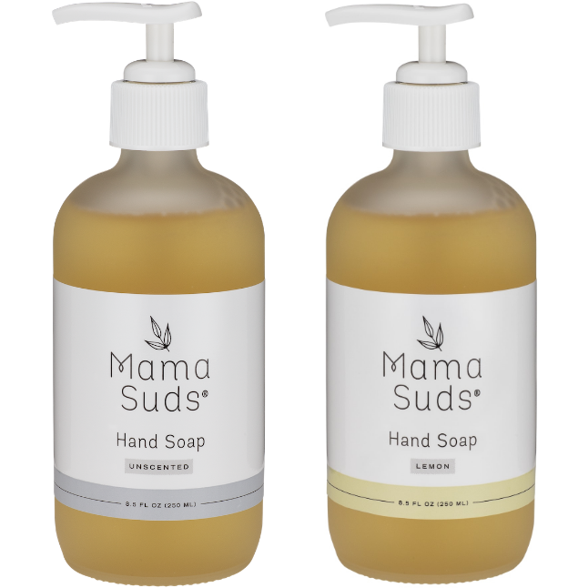 Two pump bottles of MamaSuds Hand Soap—one Unscented, one Lemon—each contains yellowish biodegradable soap and features a white pump for easy dispensing.