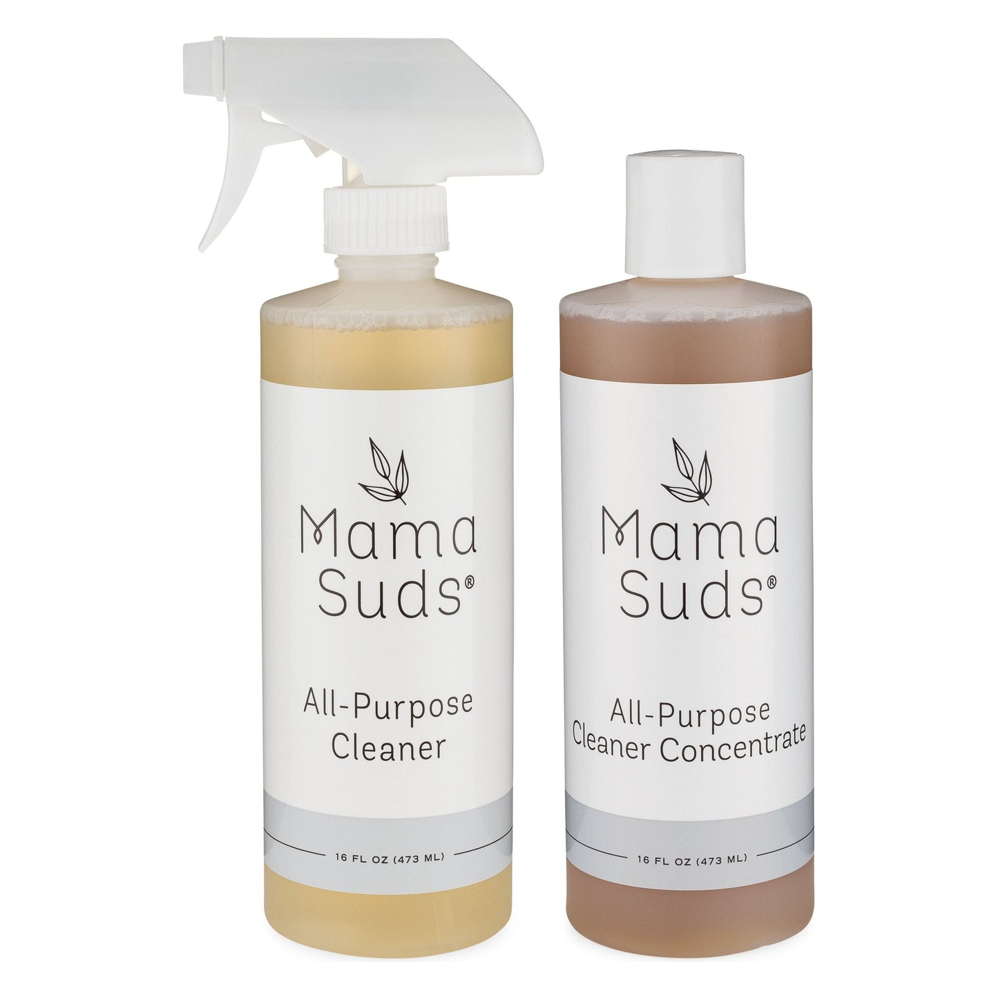 Two 16 fl oz bottles of MamaSuds stand side by side: the All-Purpose Cleaner with a spray nozzle and the All-Purpose Cleaner CONCENTRATE with a screw cap.