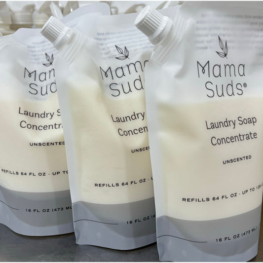 Unscented MamaSuds laundry soap concentrate pouch for household cleaning, shown in a flexible pouch packaging.