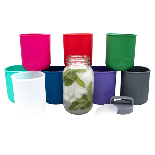 Colorful Mason Jar Lifestyle 32oz glass water bottle with silicone sleeve, carry handle, and vibrant multiple color options.