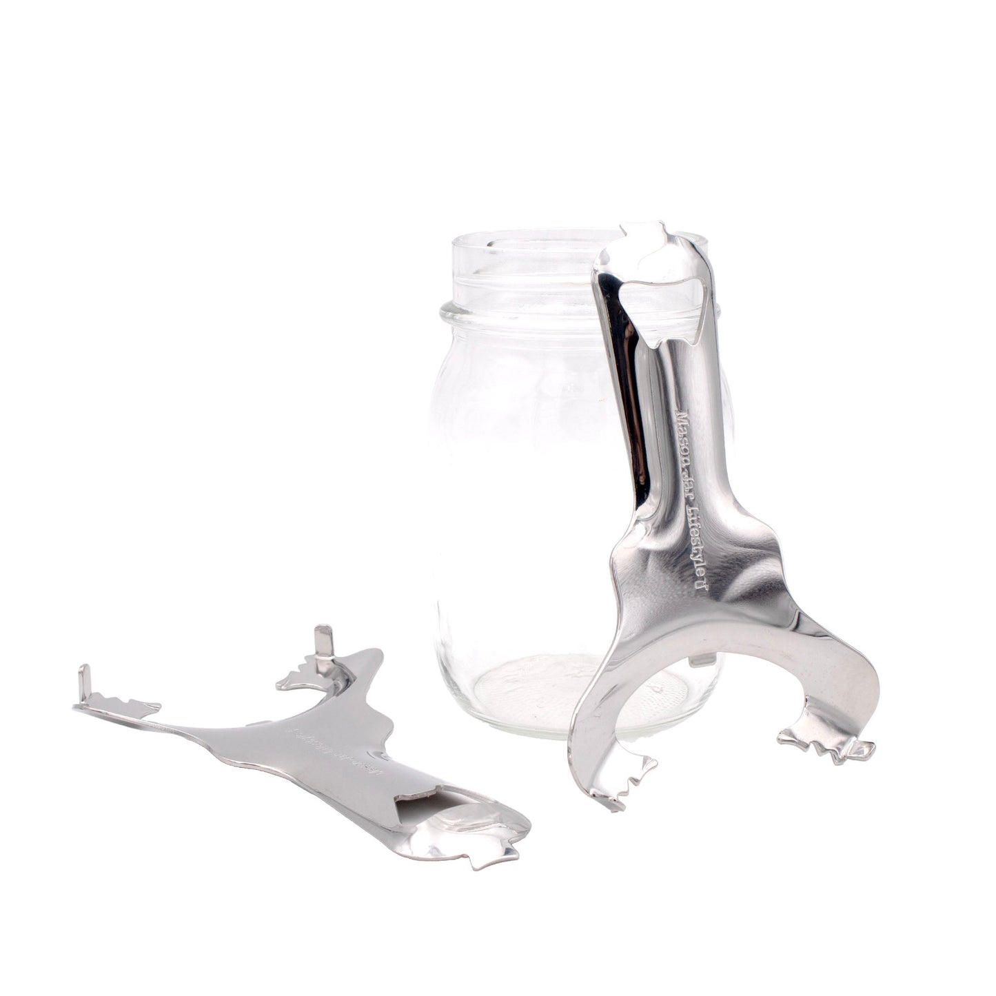 Stainless steel Mason Jar Lifestyle dent-free lid opener for canning jars, shown with canning lids and jars in a kitchen setting.
