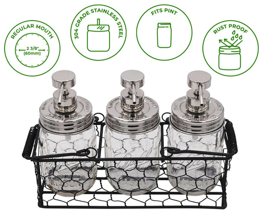 Set of three embossed shiny dispenser pumps for mason jars, suitable for hand soap, dish soap, and lotion from Mason Jar Lifestyle.
