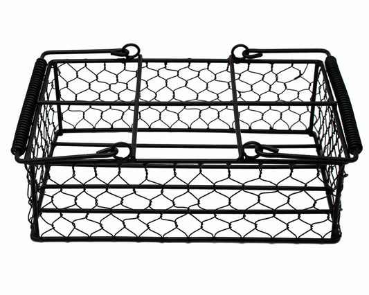 Rustic chicken wire caddy holding six pint Mason jars, perfect for organizing or decorative display by Mason Jar Lifestyle.