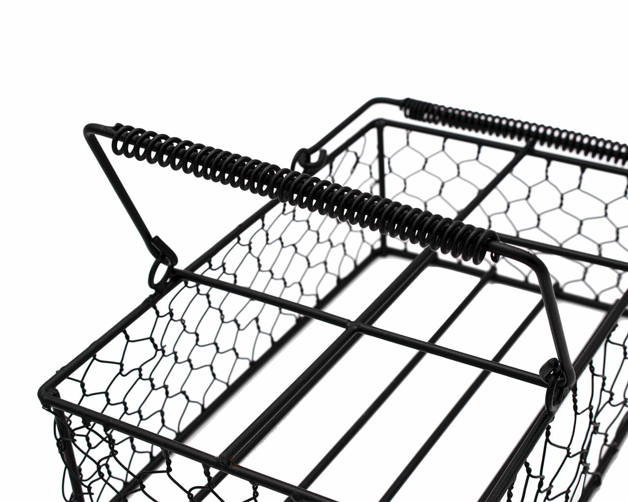 Chicken wire caddy holding six pint Mason jars, designed for easy carrying and storage by Mason Jar Lifestyle.