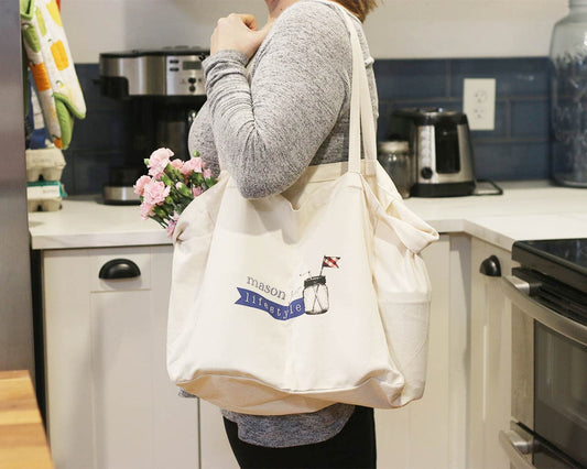 Mason Jar Lifestyle market tote bag with six divided compartments, made of durable fabric, ideal for grocery shopping and organization.