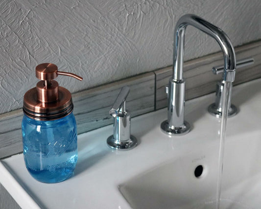 Vintage copper soap pump lid kit for regular mouth Mason jars by Mason Jar Lifestyle, showing the lid and pump mechanism.
