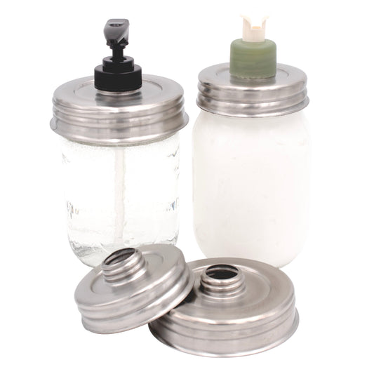 Brushed satin nickel Mason Jar Lifestyle adapter lid for regular-mouth jars, designed for repurposed lotion and soap pumps.