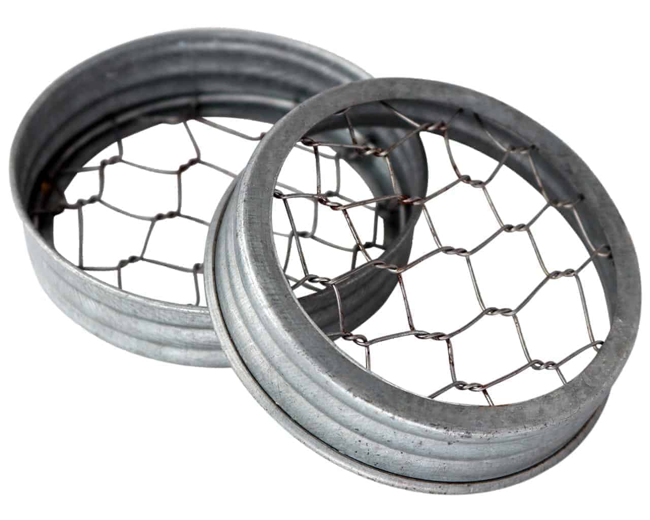 Galvanized metal flower organizer frog lid for mason jars, ideal for arranging flowers with a chicken wire design.