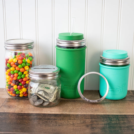 Five rust-proof stainless steel bands for mason jars, designed for regular-mouth jars, by Mason Jar Lifestyle.