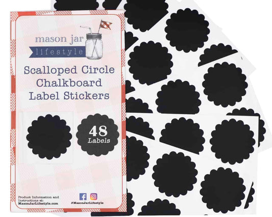 Set of 48 Mason Jar Lifestyle vinyl chalkboard labels with scalloped circle design, perfect for organizing and labeling jars.
