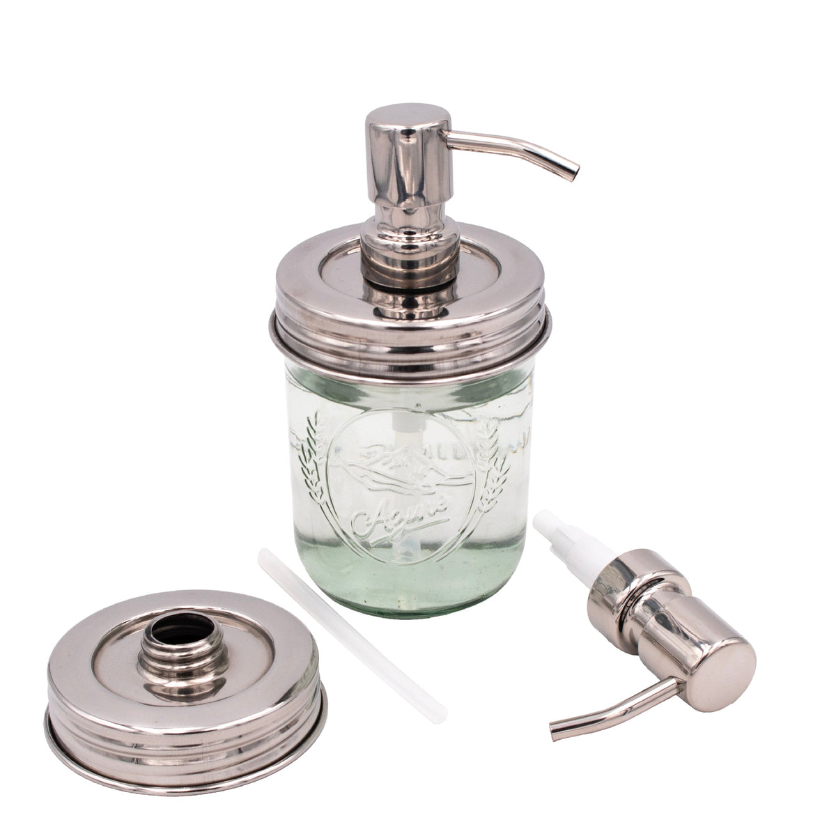 Chrome soap pump dispenser with mirror lid designed for wide-mouth Mason jars, ideal for bathroom or kitchen use.