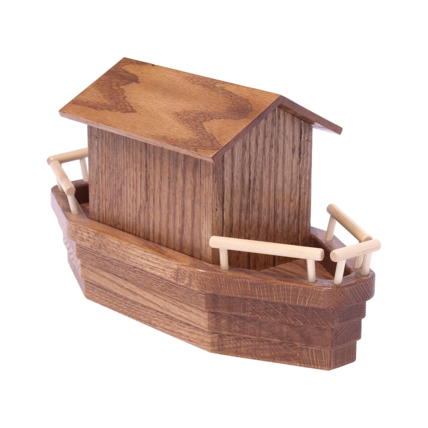 Wooden Noah's Ark playset by AmishToyBox.com featuring 13 animals, a removable roof, and a ramp on a wooden surface.
