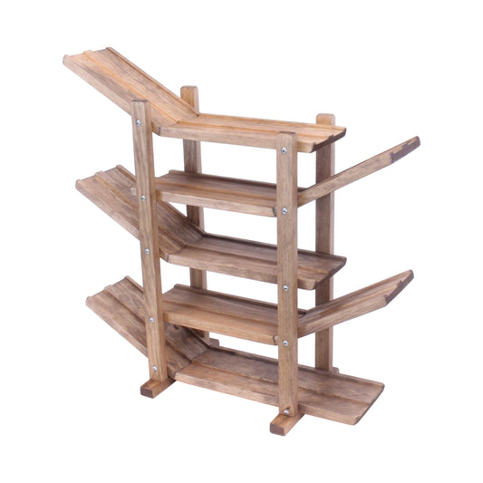 Amish-made handcrafted wooden marble and ball roller racetrack toy with colorful wooden car rollers on a smooth wooden track