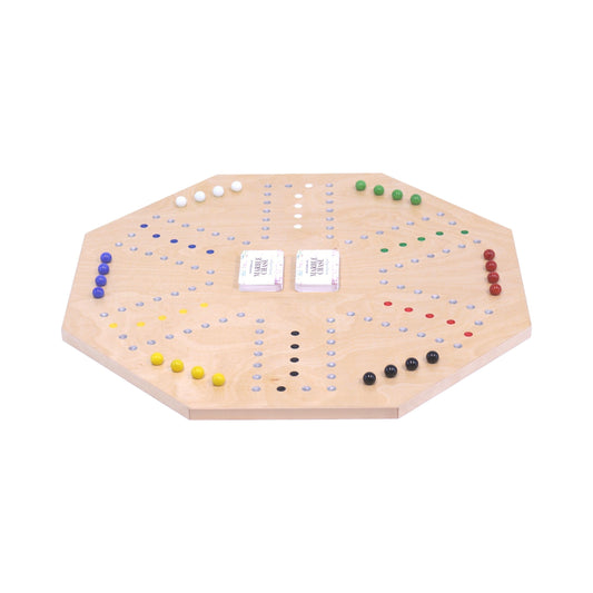 Wooden marble chase game set with a double-sided 23-inch wide board, crafted by AmishToyBox.com.