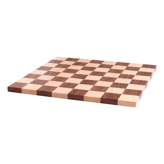 Maple and walnut hardwood 18-inch chess and checkers game board with detailed wood grain and classic design.