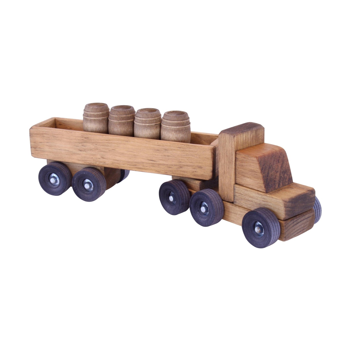 Wooden barrel truck toy with removable barrels, AmishToyBox.com, child-safe harvest stain finish, detailed wooden train and truck toy.
