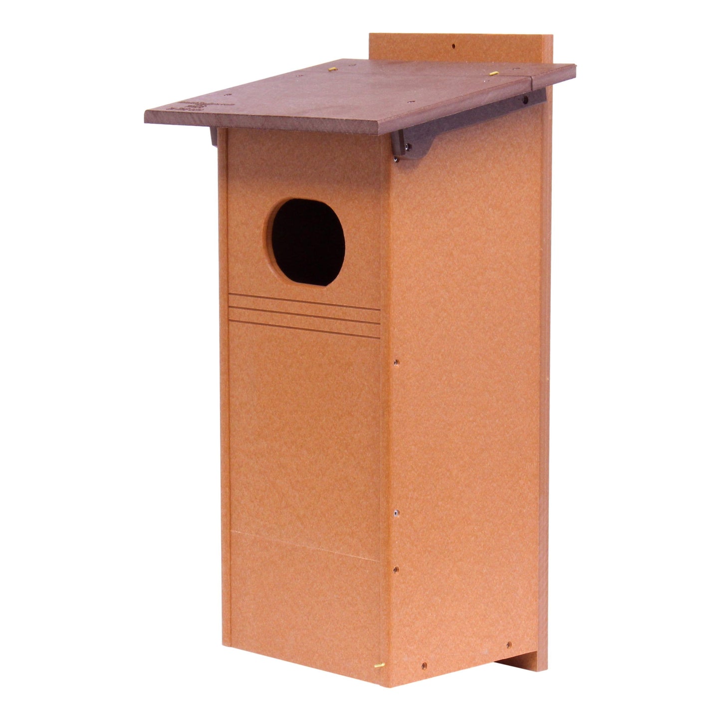Wood Duck Bird House made with durable poly lumber, post-mount design, suitable for attracting and housing wild waterfowl.