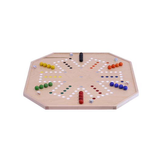 Maple wood Aggravation and Chinese Checkers combo game board with large marbles and dice, 25 inches wide, for family fun.