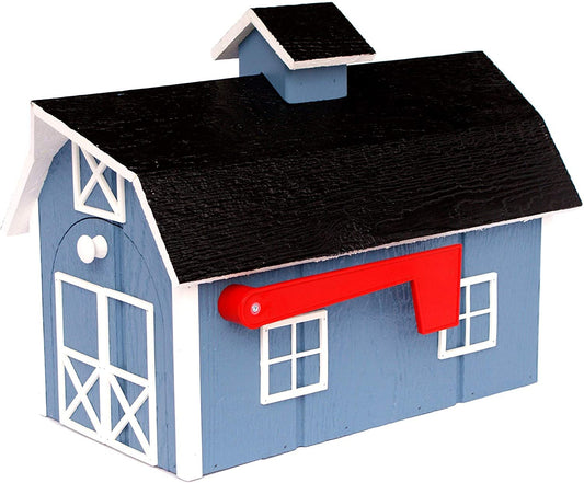 Amish-made wooden Dutch barn style mailbox mounted on a post, handcrafted in natural wood for outdoor home improvement.