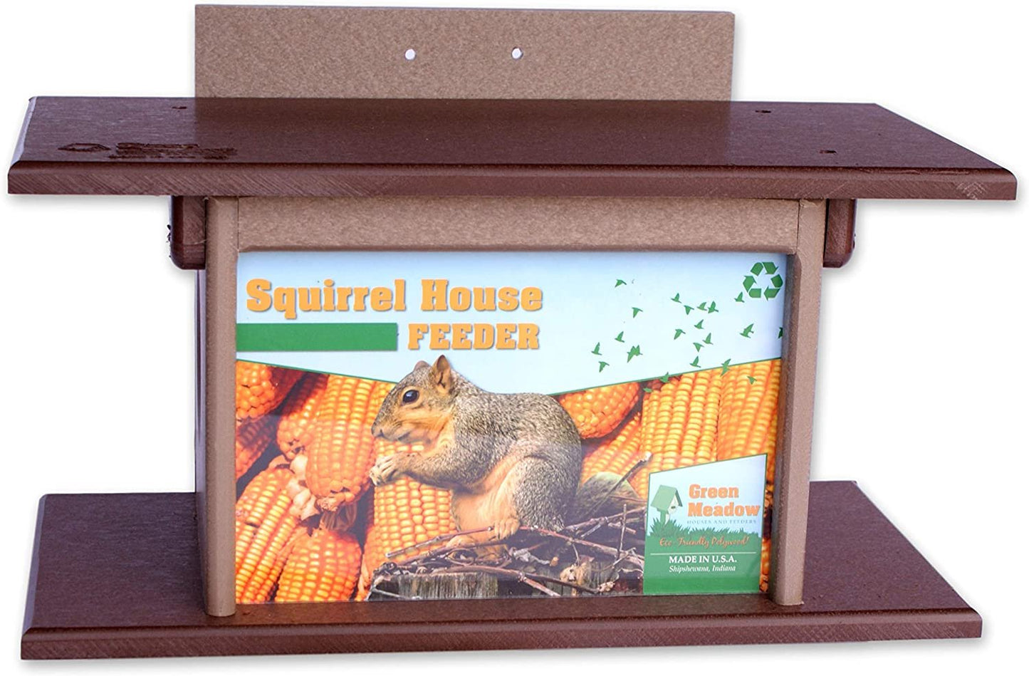 Amish-made squirrel corn feeder mounted on a post, constructed from poly lumber, designed for wildlife feeding.