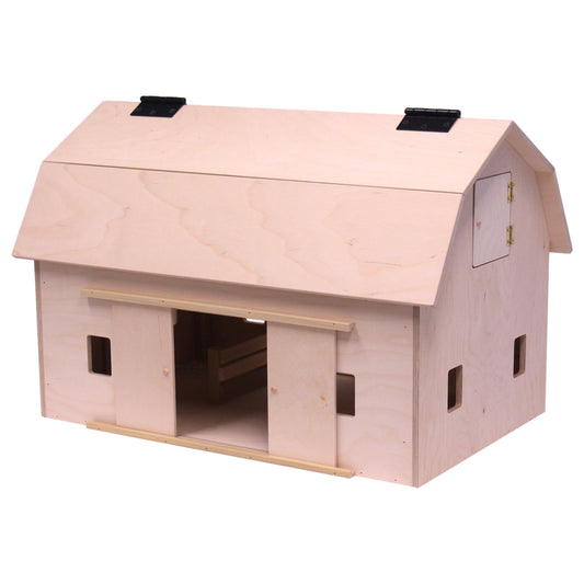 Unfinished Amish-made large wooden hip-roof barn toy from AmishToyBox.com, featuring detailed farmyard design and rustic wood finish.