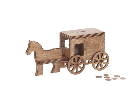Amish-made wooden horse and buggy penny piggy bank from AmishToyBox.com, handcrafted wooden toy for children.