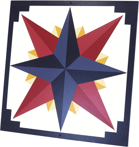Hand-painted barn quilt featuring a Mariner's Compass design in golden abyss colors, suitable for lawn and patio decor.
