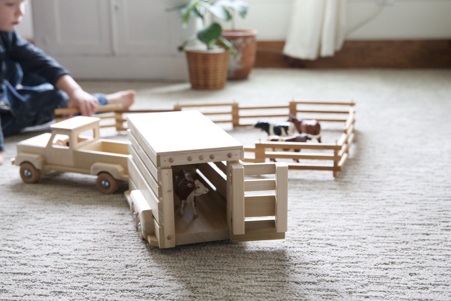 Unfinished Amish-made wooden pickup truck and horse trailer toy set from AmishToyBox.com, ideal for farming play and imaginative fun.