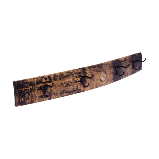 Rustic wooden coat rack with four metal hooks made from reclaimed whiskey barrel staves, handcrafted by AmishToyBox.com