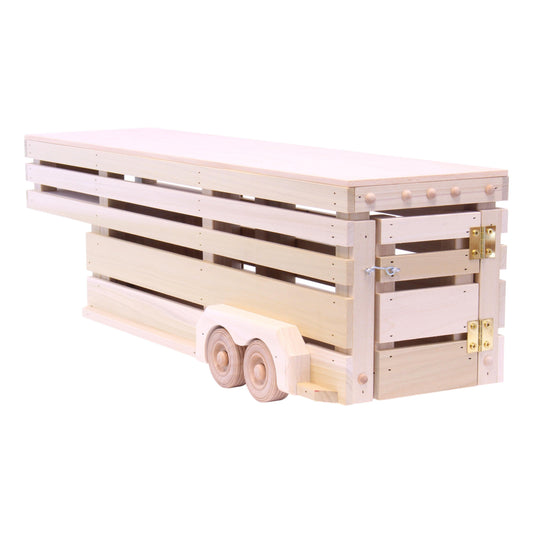 Amish-made wooden gooseneck livestock trailer toy with detailed craftsmanship, designed for children’s imaginative play.