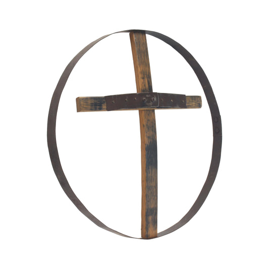 Rustic reclaimed barrel cross wall art, 23-inch diameter Amish-made religious wall decor with a weathered wood finish.