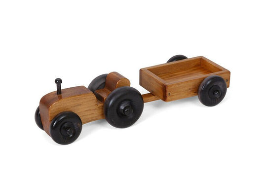 Amish-made wooden toy tractor and wagon set for children, crafted by AmishToyBox.com, perfect for imaginative farming play.