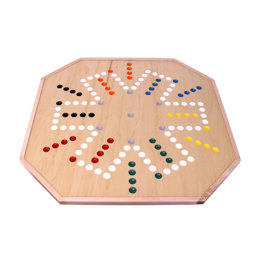 Large 25-inch deluxe wooden Aggravation marble game board, double-sided, with colorful marbles, from AmishToyBox.com.