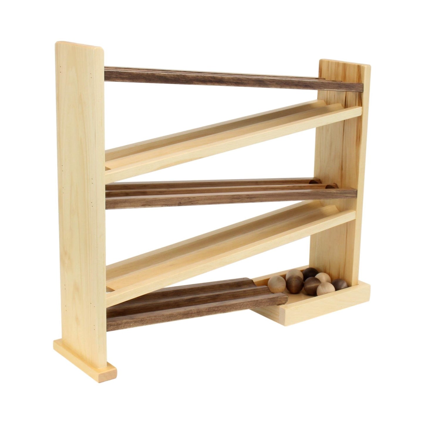 Amish-made wooden ball roller racetrack toy with eight colorful wooden balls and a smooth, handcrafted wooden track for kids.