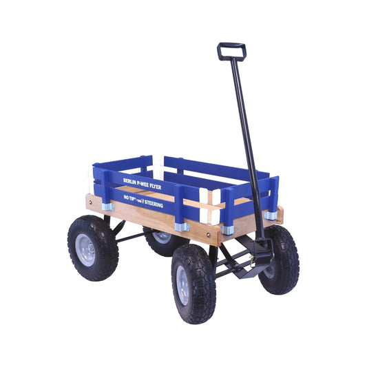 Amish-made Berlin Big-Foot Kid's Wagon Model F300 pull-behind wagon with wooden construction and sturdy wheels, suitable for children.