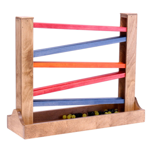 Amish-made heirloom marble roller wooden toy with colorful marbles and smooth finish, designed for children.