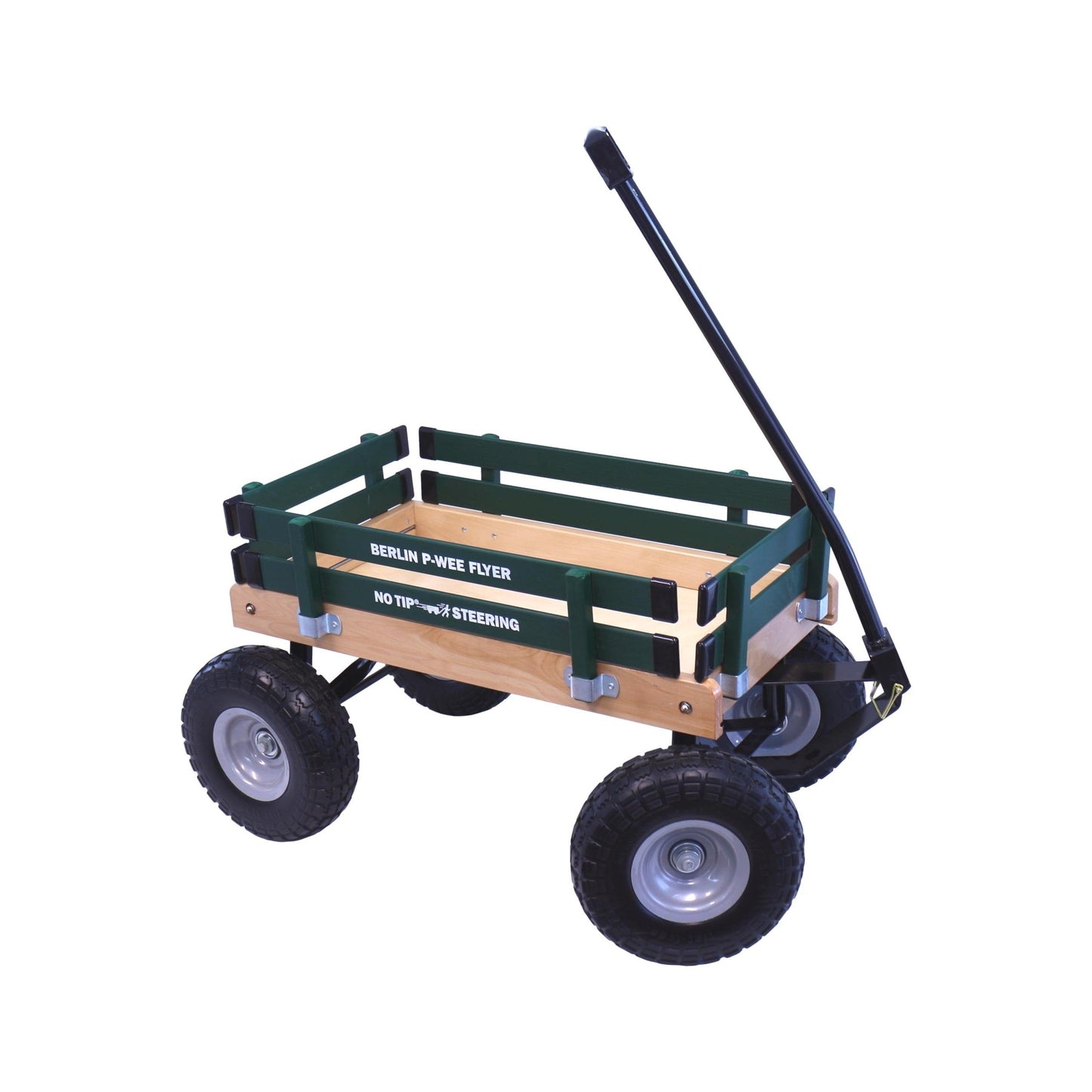 Amish-made Berlin Big-Foot Kid's Wagon Model F300, pull-behind toy wagon with wooden construction and handle for children.
