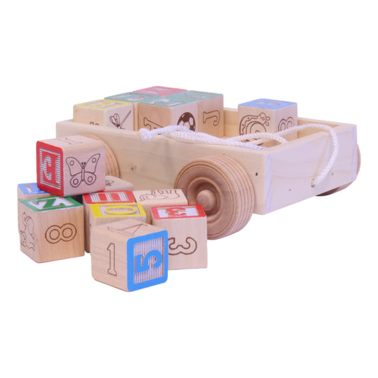 Amish-made wooden ABC block toddler pull-string wagon toy with colorful alphabet blocks and a sturdy wooden wagon for kids.