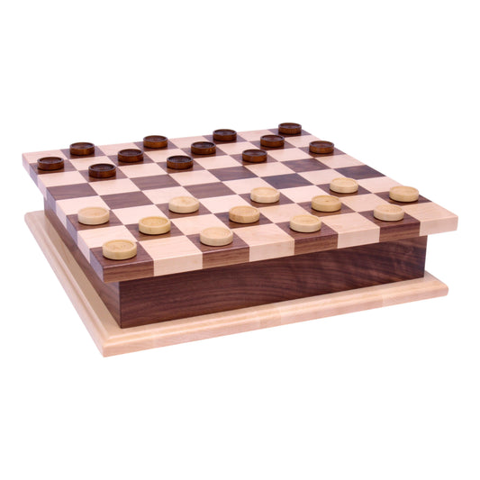 Wooden Deluxe Chess and Checkers Game Board Set with pullout drawer, featuring classic wooden design and storage compartments.