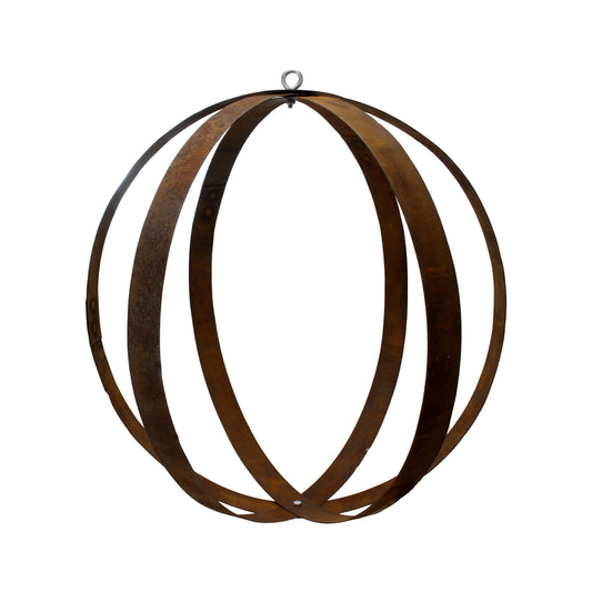 Rustic outdoor hanging plant holder made from reclaimed whiskey barrel rings, crafted by AmishToyBox.com.