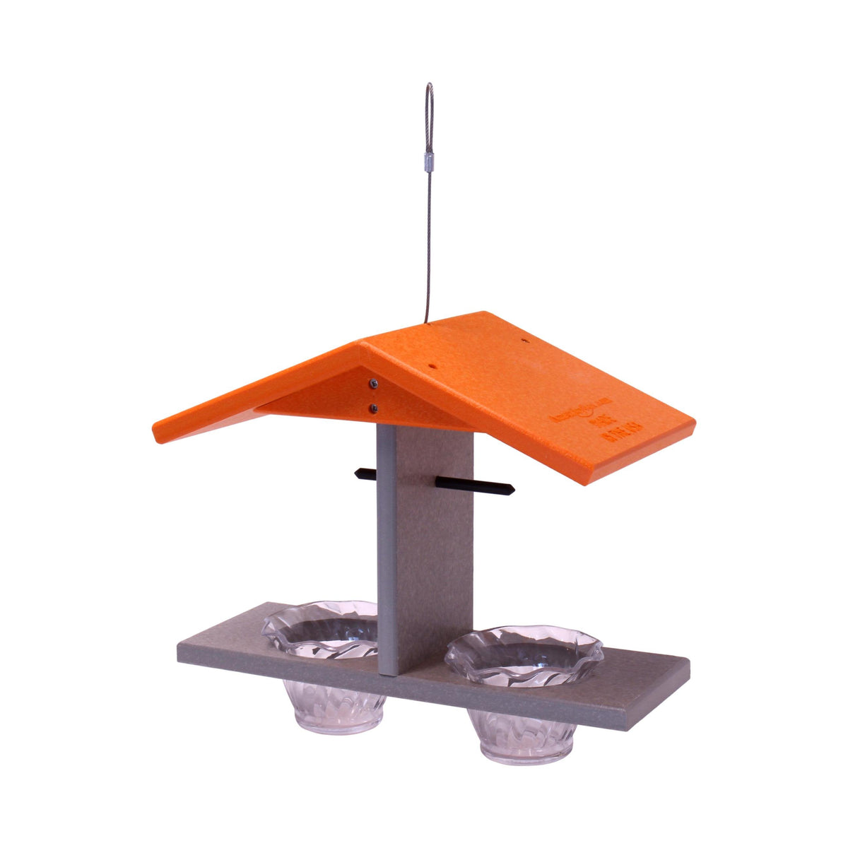 AmishToyBox.com Oriole Bird Feeder with double cups and pegs for orange halves, designed to attract orioles and other songbirds.