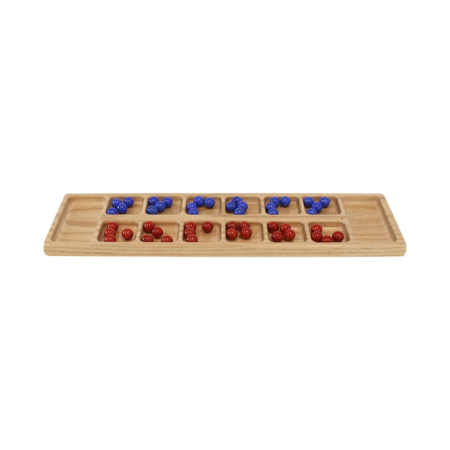 Amish-made solid oak wood Mancala board game set with marbles, featuring a natural finish and carved playing pits.