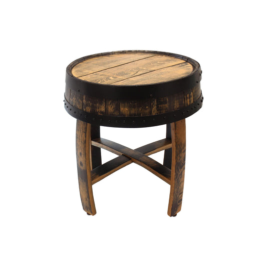 Amish-made rustic whiskey barrel end table with reclaimed wood and metal barrel rings, showcasing a sturdy, vintage-style design.