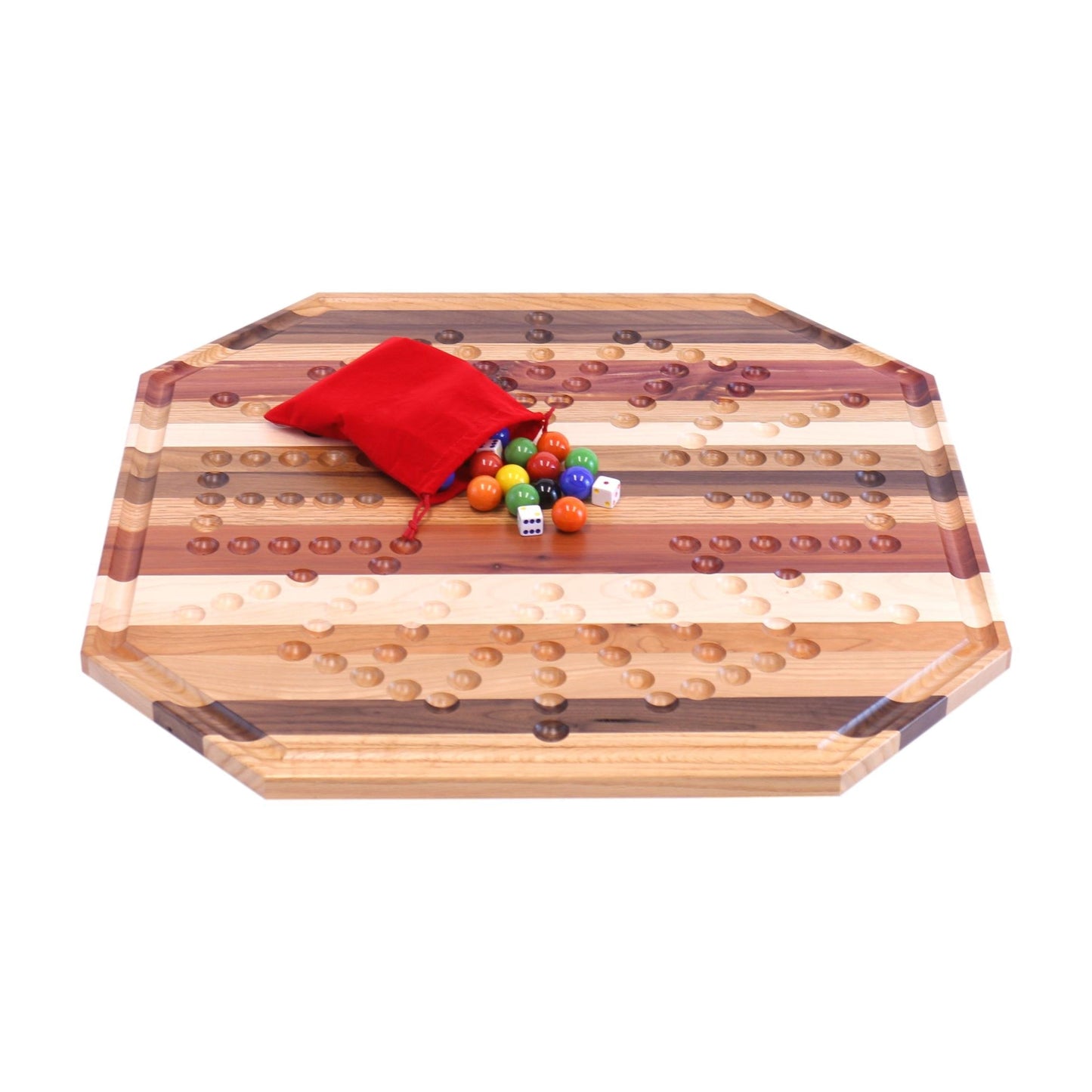 Multi-wood AmishToyBox marble game board set, 24-inch wide, featuring colorful marbles and a sturdy wooden playing surface.