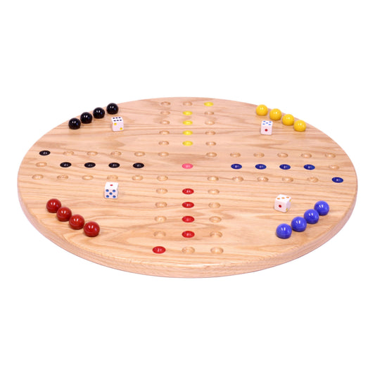 Round Aggravation game board set made of solid oak wood, featuring double-sided playing surfaces, crafted by AmishToyBox.com.