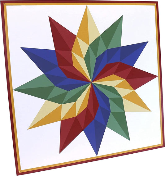 Hand-painted AmishToyBox.com barn quilt sign featuring a dahlia "Sunburst" design, 36-inch square for lawn and patio decor.