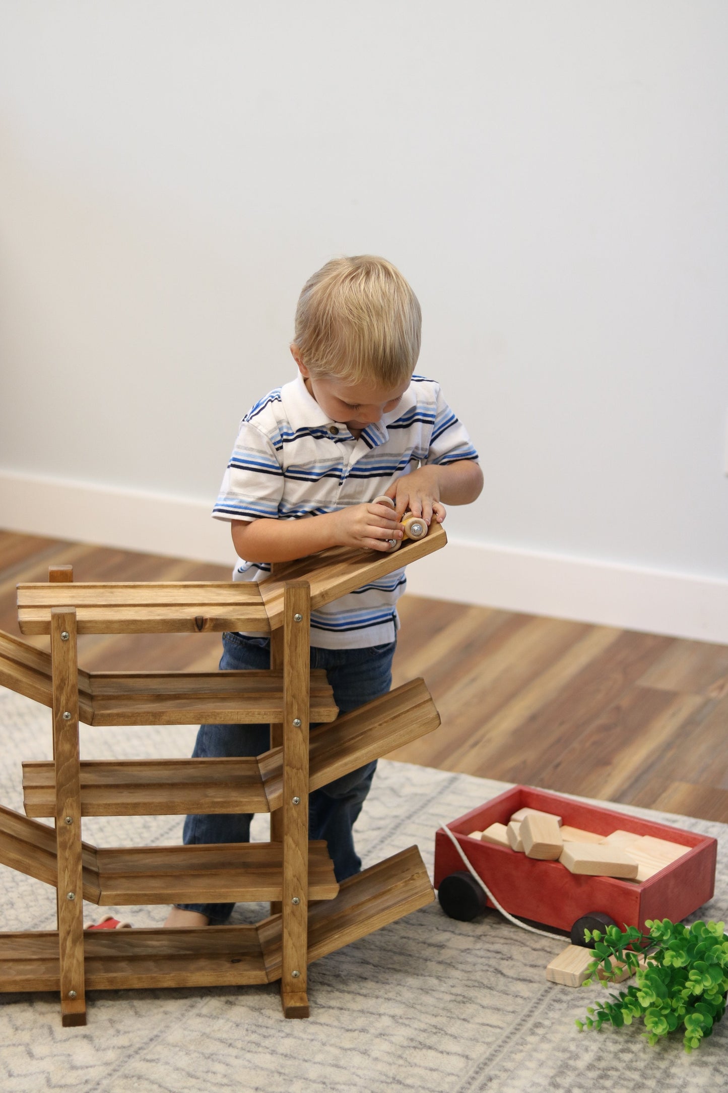 Amish-made handcrafted wooden marble and ball roller racetrack toy with colorful wooden components and smooth finish.