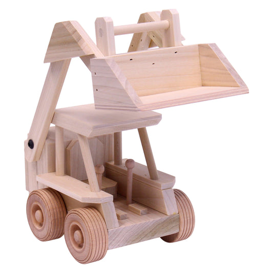 Wooden skid loader toy with movable bucket, AmishToyBox.com wooden toy, realistic miniature skid steer for children.